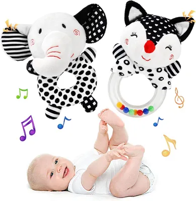 Image de Lot de 2 hochetteurs pour bébé, en peluche, pour les enfants de 0 à 6 mois, jouets sensoriels pour bébés