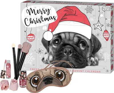 A Christmas advent calendar with a pug wearing a Santa hat on the front, surrounded by makeup products and decorative roses.