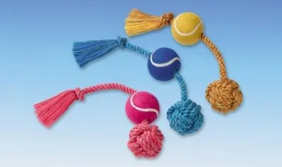 Produktbild von Nobby Spielseil Mit Tennisball sort. gelb, rot, blau 45 cm; 310 g; Ball Ø 7,5 cm