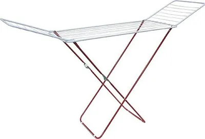 A white and red foldable drying rack against a white background.