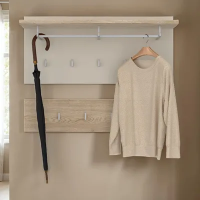Produktbild von Wandgarderobe BILBAO 2-teilig, Cremona Eiche/Kaschmir, bietet neun Kleiderhaken, eine Kleiderstange und eine Hutablage. Weitere Features: Garderobenpaneel, Flurgarderobe, Garderobenset