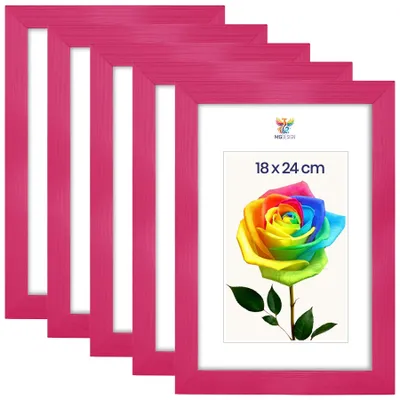 Produktbild von MG Design 5er Set Bilderrahmen 18 x 24 cm - Fotorahmen mit Rosa Echtholzrahmen und bruchsicherem Acrylglas, Hoch & Quer zum Aufhängen, zum Aufstellen