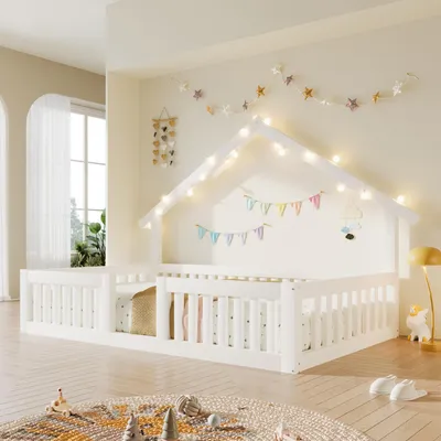 Produktbild von Merax Kinderbett Hausbett 90x200cm, Jugendbett aus Holz mit Rausfallschutz, LED-Lichterkette, Sicherheitsgitter, Bodenbett, Weiß