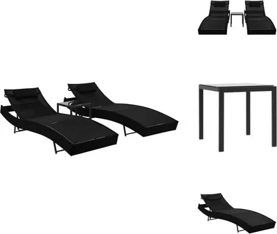 Image de vidaXL Bains de soleil 2 pcs. avec table Poly rotin et Textilène noir - Bains de soleil