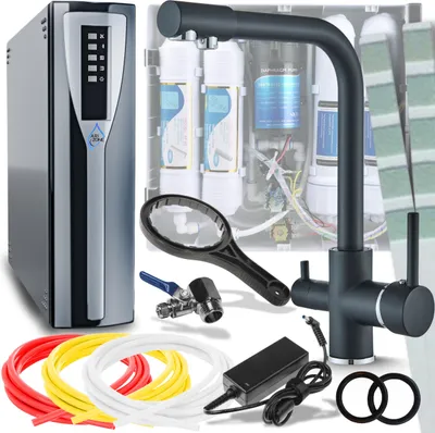 Image de Robinet de cuisine Ari, mitigeur 3 voies avec raccord pour filtre à eau, bec pivotant à 360°, noir chrome