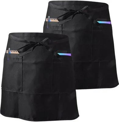 Zdjęcie produktu dla Zestaw 2 fartuchów kuchennych Unyqoos®, czarny, wykonane z wodoodpornej bawełny, regulowany pasek w talii (80 cm), 2 duże kieszenie, idealne do gotowania i serwowania