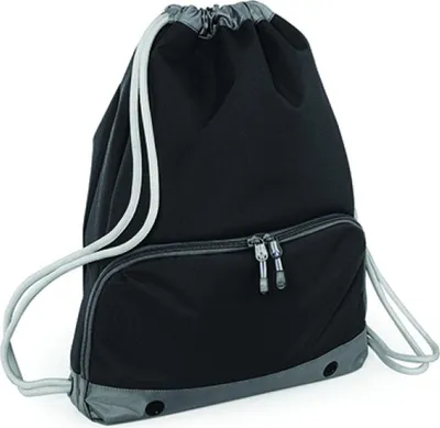 A black gym bag with gray accents and drawstrings, shown against a white background.