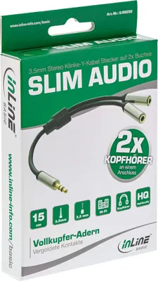 Obrázok produktu pre InLine® Basic Slim Audio Y kábel 3,5 mm jack ST na 2x BU, 0,15 m