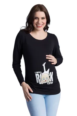 Produktbild von Umstandsshirt Langarm I Will Rock You – Umstandsmode Damen Schwangerschaft, 95 % Baumwolle, Schwarz, Gr. XL