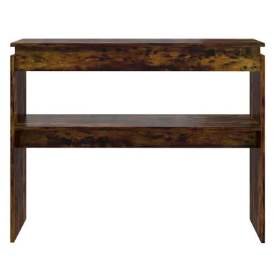 A front view of a wooden console table with two shelves against a white background.