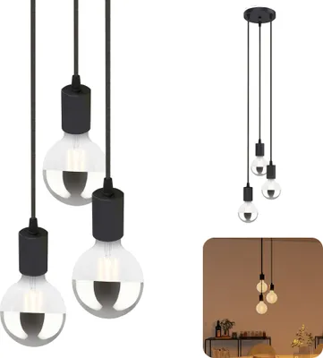 Produktbild von SSC-LUXon PARU Hängeleuchte 3-flammig Retro - Industrial Style Pendellampe mit Textilkabel inkl. Globe Spiegel E27 LED Lampen