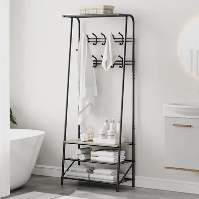 Produktbild von Garderobe mit Sitzbank 4-in-1, Schuhregal, Kleiderstange, Grau