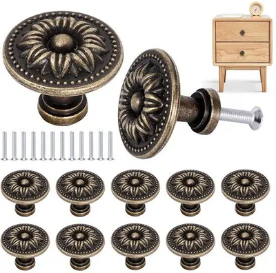 Produktbild von Unyqoos® 12er-Set Vintage runde Schrankknöpfe mit Blumenmotiv, Bronze‑Optik, Zinklegierung, inkl. Schrauben – für Schubladen & Möbel