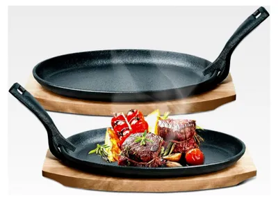 Produktbild von 4er-Set Gusseisen Servierpfanne mit Holz-Untersetzer, 24 x 14 x 2,2 cm, Abnehmbarer Griff, bis 230 °C hitzebeständig