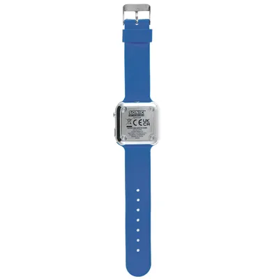 The back of a blue digital watch with a silver casing.
