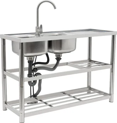 Obrázek produktu pro Komerční kuchyňský dřez z nerezové oceli – venkovní dvojité umyvadlo – otočná baterie o 360° – obdélníkový – 4 otvory – nosnost 100 kg – vlastní montáž – stříbrný
