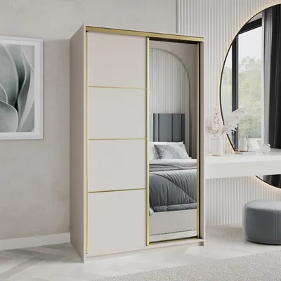 Produktbild von Masseno Schiebetürenschrank VARO 120/205/60 cm Kleiderschrank mit Schubladen Schlafzimmer Schrank 2-türig mit Spiegel Kaschmir + Gold