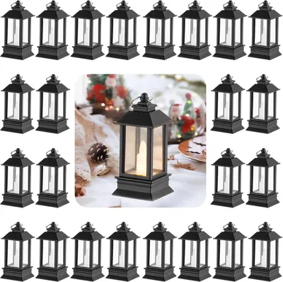 Image de Petite lanterne LED d'extérieur : lot de 24, dimensions 9 cm, très petite, noire, lanterne décorative avec bougie LED, idéale pour les mariages, les fêtes, le Ramadan, les balcons
