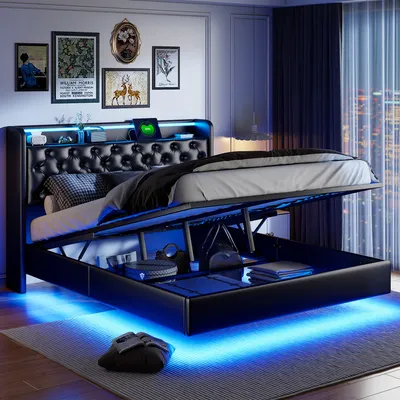 A modern bedroom with a black bed frame featuring LED lighting and storage. The bed is partially open, revealing storage compartments.