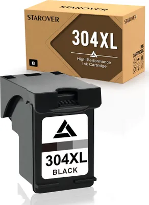 A black ink cartridge and its packaging are displayed against a white background.