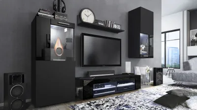 Produktbild von Vladon Wohnwand Movie, Anbauwand bestehend aus 1 TV-Board, 2 Vitrinen und 1 Regal, Schwarz matt/Schwarz matt/Schwarz Hochglanz, inkl. LED-Beleuchtung weiß (Gesamt: 300 x 190 x 39 cm)