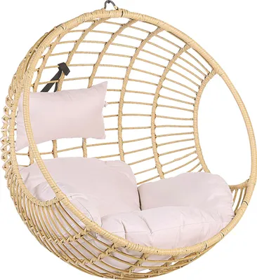 Produktbild von BELIANI Závěsné křeslo béžové ratan kulaté pletené zavěšený koš krémově bílé polštáře boho styl interiér terasa balkon