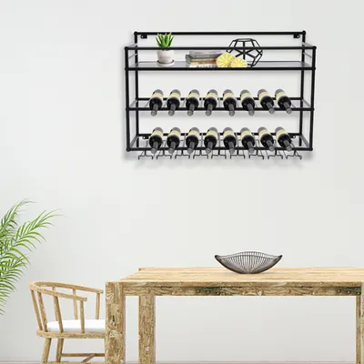 Obrázek produktu pro Průmyslový nástěnný stojan na víno, rustikální kovový závěsný stojan na víno Příslušenství na víno, nástěnný stojan na láhve, nástěnná police