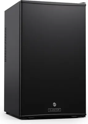 A black mini-refrigerator is shown from a three-quarter angle against a white background.