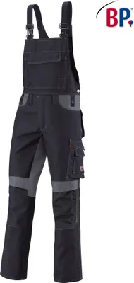 A pair of black and dark gray overalls with a white background.