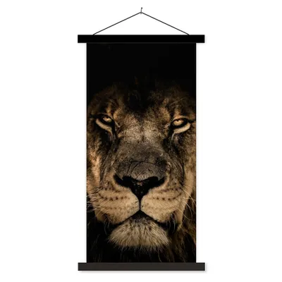 Produktbild von MuchoWow® Textilposter Löwe - Tiere - Schwarz - Porträt 40x80 cm mit schwarzem Rahmen - Wandemalerei
