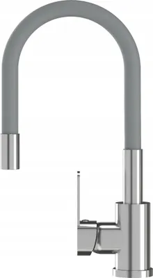 A close-up studio shot of a kitchen faucet with a flexible gray hose and a silver base.