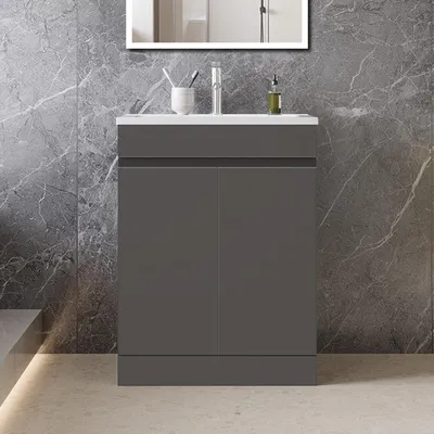 Produktbild von 60cm Badmöbel-Set Standschrank dünn Keramik waschtisch mit Unterschrank Badezimmerschrank mit Tür soft-close Anthrazit Matt Selbstmontierter