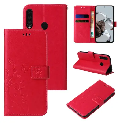 A collage of images showing a red flip phone case with floral patterns from multiple angles.