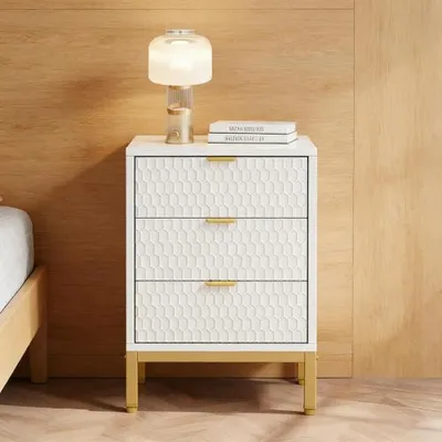 Image de Table de chevet moderne à 3 tiroirs, table d'appoint luxueuse et petite armoire pour la chambre à coucher et le salon, peu encombrante