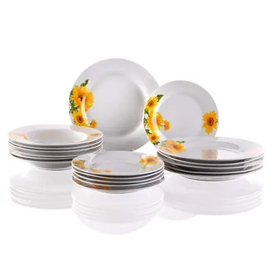 Produktbild von Geschirrset Sunny 18-teilig aus Porzellan, weiß mit Dekor, inklusive flacher, tiefer und Dessertteller