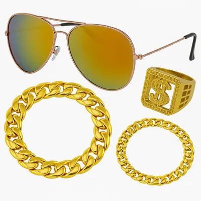 Produktbild von 80er-Jahre Schmuck-Set Gold mit Kette, Armband, Brille und Ring, Farbe:Gold