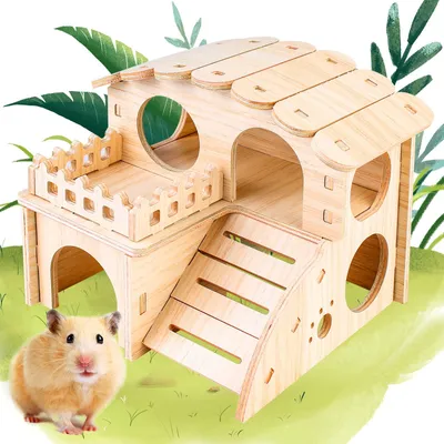 Productafbeelding van Hamsterhuis van Hout met Twee Etages en Ladder voor Kleine Huisdieren