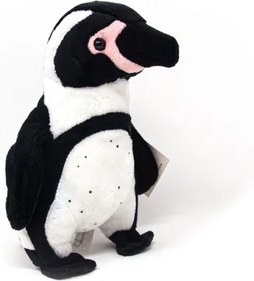 A plush toy penguin is shown against a white background.