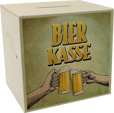 Produktbild von Bierkasse Spardose aus Holz mit coolem retro Motiv - prostende Bierkrüge für