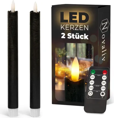 Produktbild von Stabkerzen LED mit Timer SCHWARZ 2er indoor mit Timer Funktion 6 Stunden ECHTWACHS 23cm Höhe für Kerzen 2,2cm Durchmesser 2 AAA Batterien notwendig LED Stabkerzen flackernde Flamme bewegliche Flamme