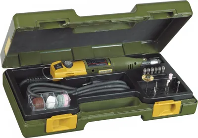 A rotary tool kit in its open case.