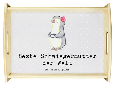 Produktbild von Mr. & Mrs. Panda Tablett Pinguin Beste Schwiegermutter der Welt - Grau Pastell - Geschenk, Schwiegereltern, Mutter, Serviertablett, Schwiegermama, zum servieren, Servier