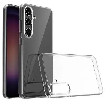 A transparent phone case is shown next to a smartphone.