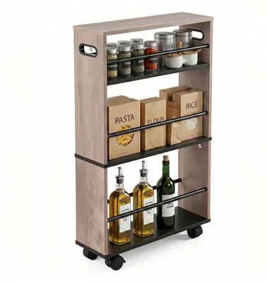 Zdjęcie produktu dla Regał wnękowy Relaxdays, wymiary: 80 x 15 x 45 cm, wąski regał wnękowy do łazienki i kuchni, 4 półki, regał na kółkach z 2 uchwytami, czarno-szary