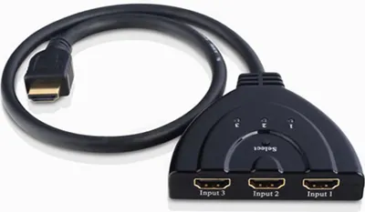 A black HDMI splitter with three input ports and one output cable.