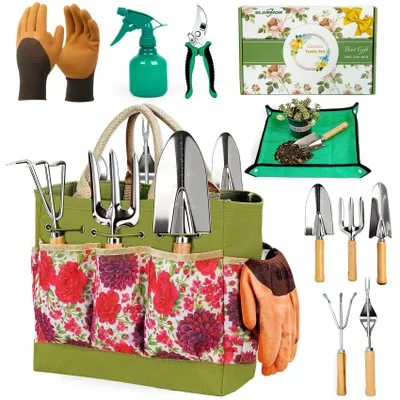Gartenwerkzeug-Set, 9-tlg., Edelstahl, ergonomisch, mit Tasche