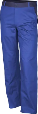 A pair of blue work pants on a white background.