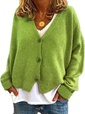Produktbild von ASKSA Damen Strickpulli Lose Lässige Strickjacken V-Ausschnitt Einfarbig Knopf Strickjacke Pullover, Frucht Grün, L