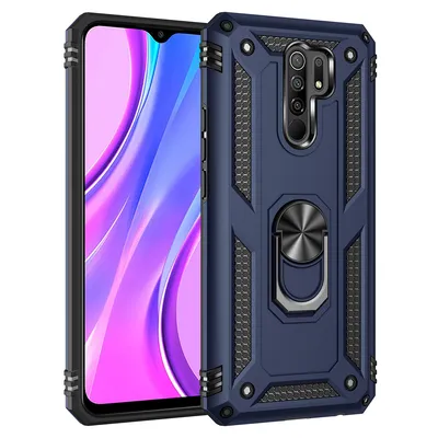 Obrázek produktu pro Ochranné pouzdro pro Redmi 9, dvouvrstvé robustní, armádou testované ochranné pouzdro s držákem na prsten pro Xiaomi Redmi 9 Modrý