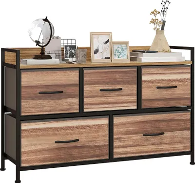 Image de Commode - Meuble à tiroirs - 5 tiroirs - Bois - Dimensions 98 x 29 x 63 cm - Rangement pour vêtements - Multifonctionnel - Marron